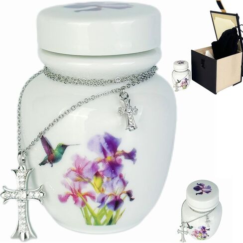 Mini Cremation Urn with Hummingbird and Iris Flower Design, White Ceramic Memorial Keepsake with Cross Necklace in Saudi Arabia