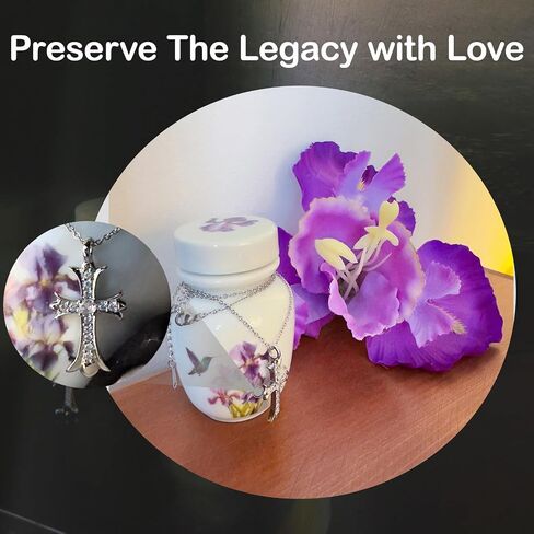 Mini Cremation Urn with Hummingbird and Iris Flower Design, White Ceramic Memorial Keepsake with Cross Necklace in Saudi Arabia