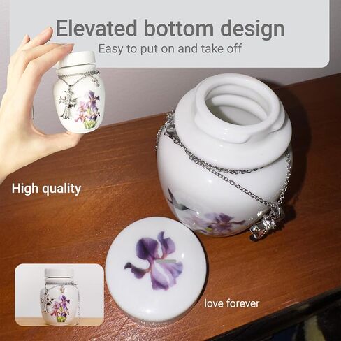 Mini Cremation Urn with Hummingbird and Iris Flower Design, White Ceramic Memorial Keepsake with Cross Necklace in Saudi Arabia