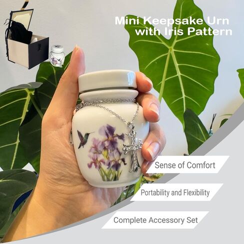 Mini Cremation Urn with Hummingbird and Iris Flower Design, White Ceramic Memorial Keepsake with Cross Necklace in Saudi Arabia