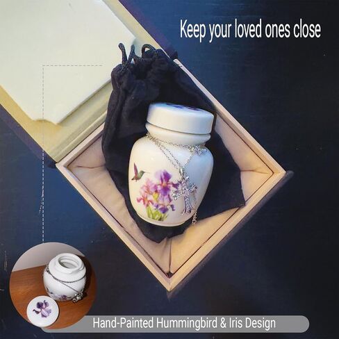 Mini Cremation Urn with Hummingbird and Iris Flower Design, White Ceramic Memorial Keepsake with Cross Necklace in Saudi Arabia