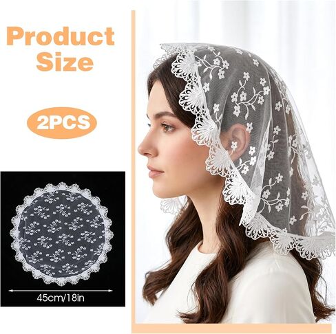 Lace Head Scarf, 2pcs Round Floral Lace Veil Laces Scarf for Women, Mantilla Veils Catholic For Bridal Wedding Party Costume Cosplay (Black, White) in Saudi Arabia