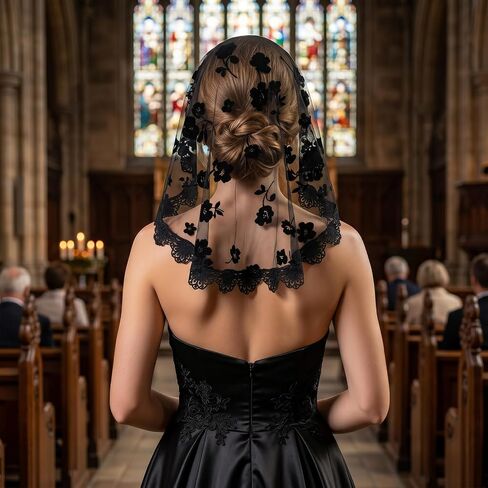 Lace Head Scarf, 2pcs Round Floral Lace Veil Laces Scarf for Women, Mantilla Veils Catholic For Bridal Wedding Party Costume Cosplay (Black, White) in Saudi Arabia