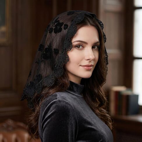 Lace Head Scarf, 2pcs Round Floral Lace Veil Laces Scarf for Women, Mantilla Veils Catholic For Bridal Wedding Party Costume Cosplay (Black, White) in Saudi Arabia