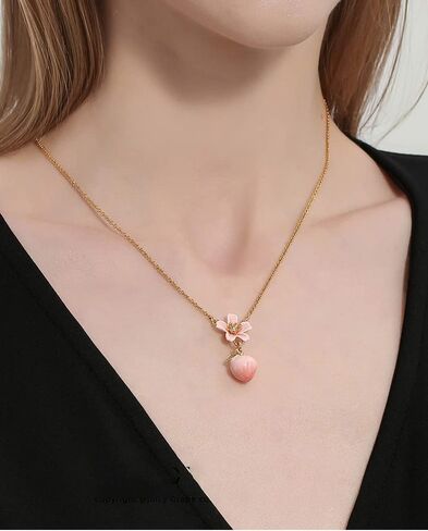 Peach Blossom Flower Enamel Pendant Necklace Handmade Jewelry Gift 18K Gold Plated Copper in Saudi Arabia