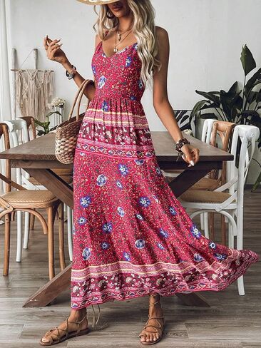 Women's Boho Floral Print Spaghetti Strap V Neck Smocked Back Maxi Dress in Kuwait