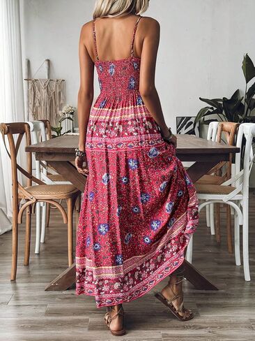 Women's Boho Floral Print Spaghetti Strap V Neck Smocked Back Maxi Dress in Kuwait