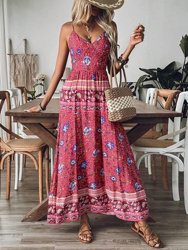 Women's Boho Floral Print Spaghetti Strap V Neck Smocked Back Maxi Dress in Kuwait