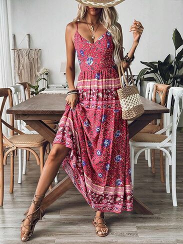 Women's Boho Floral Print Spaghetti Strap V Neck Smocked Back Maxi Dress in Kuwait