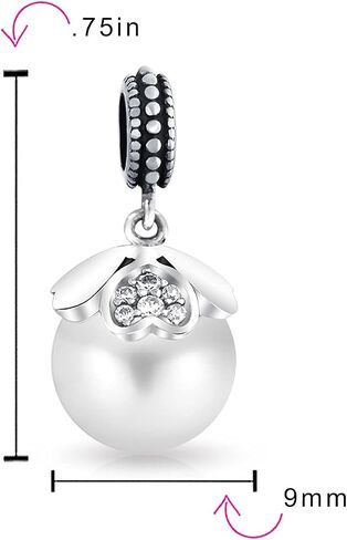 Bling Jewelry .925 Sterling Silver Vintage Style Heart Cap Faux White Pearl Dangle Charm Bead For Women for Bracelet in Saudi Arabia