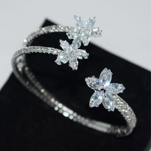 Brilliant Silver Floral Open Cuff Bracelet, Multi Layer Cubic Zirconia Bracelets for Women Rhinestone Wedding Bridal Accessories for Gorgeous Party Outfits in Kuwait