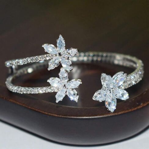 Brilliant Silver Floral Open Cuff Bracelet, Multi Layer Cubic Zirconia Bracelets for Women Rhinestone Wedding Bridal Accessories for Gorgeous Party Outfits in Kuwait