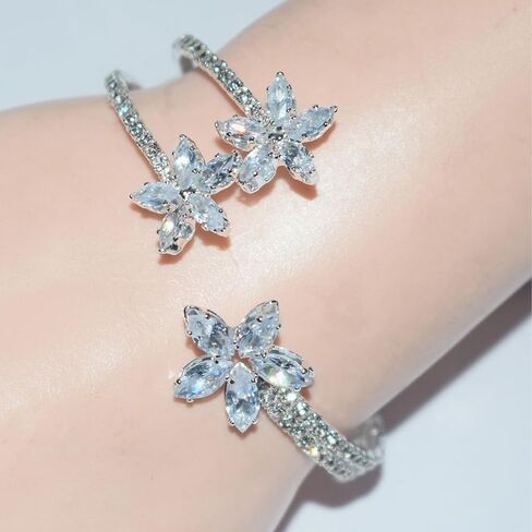 Brilliant Silver Floral Open Cuff Bracelet, Multi Layer Cubic Zirconia Bracelets for Women Rhinestone Wedding Bridal Accessories for Gorgeous Party Outfits in Kuwait
