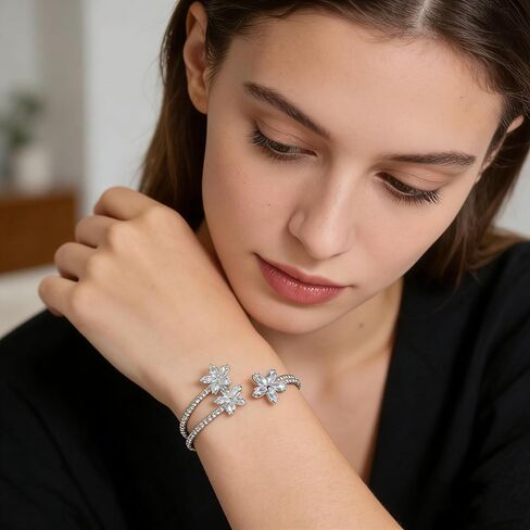 Brilliant Silver Floral Open Cuff Bracelet, Multi Layer Cubic Zirconia Bracelets for Women Rhinestone Wedding Bridal Accessories for Gorgeous Party Outfits in Kuwait