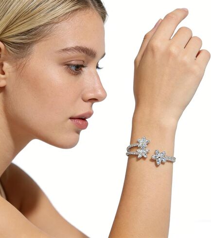 Brilliant Silver Floral Open Cuff Bracelet, Multi Layer Cubic Zirconia Bracelets for Women Rhinestone Wedding Bridal Accessories for Gorgeous Party Outfits in Kuwait