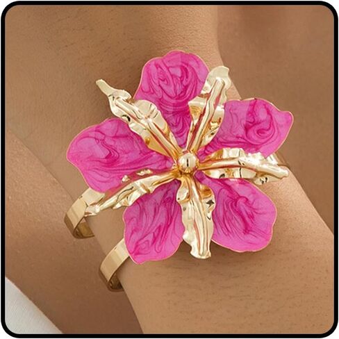 Chunky Pink Flower Bracelet for Women Boho Thick Gold Cuff Bracelet Adjustable Hot Pink Flower Bangle Trendy Jewelry Spring Summer Dress Outfits Accessories for Her in Kuwait