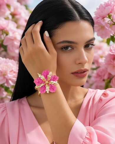 Chunky Pink Flower Bracelet for Women Boho Thick Gold Cuff Bracelet Adjustable Hot Pink Flower Bangle Trendy Jewelry Spring Summer Dress Outfits Accessories for Her in Kuwait