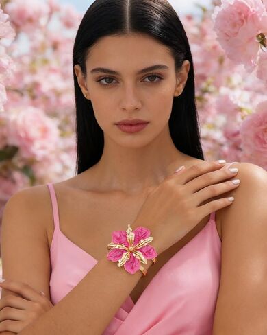 Chunky Pink Flower Bracelet for Women Boho Thick Gold Cuff Bracelet Adjustable Hot Pink Flower Bangle Trendy Jewelry Spring Summer Dress Outfits Accessories for Her in Kuwait