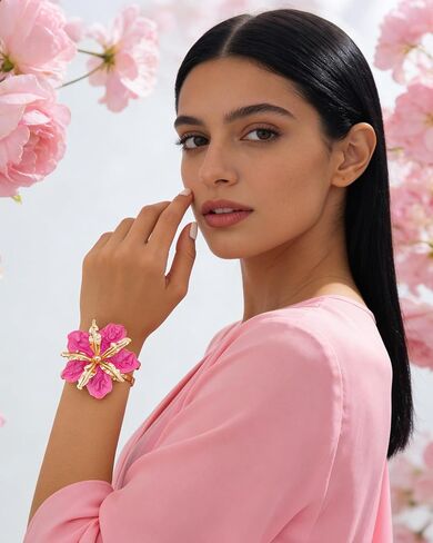Chunky Pink Flower Bracelet for Women Boho Thick Gold Cuff Bracelet Adjustable Hot Pink Flower Bangle Trendy Jewelry Spring Summer Dress Outfits Accessories for Her in Kuwait