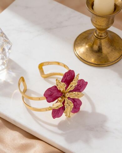 Chunky Pink Flower Bracelet for Women Boho Thick Gold Cuff Bracelet Adjustable Hot Pink Flower Bangle Trendy Jewelry Spring Summer Dress Outfits Accessories for Her in Kuwait