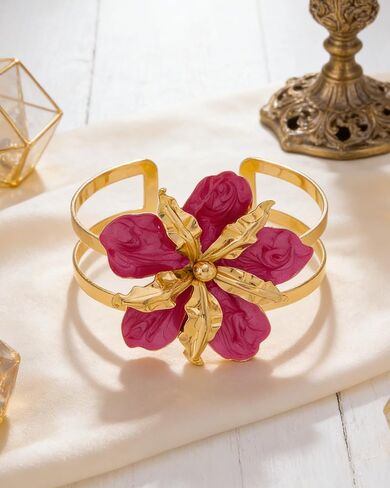 Chunky Pink Flower Bracelet for Women Boho Thick Gold Cuff Bracelet Adjustable Hot Pink Flower Bangle Trendy Jewelry Spring Summer Dress Outfits Accessories for Her in Kuwait