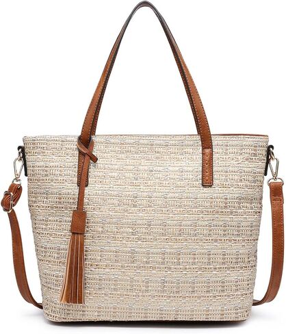 JEN & CO. August Woven Tote Bags for Women Purses and Handbags Ladies Travel Shoulder Work Bag with Vegan Leather Contrast in Kuwait