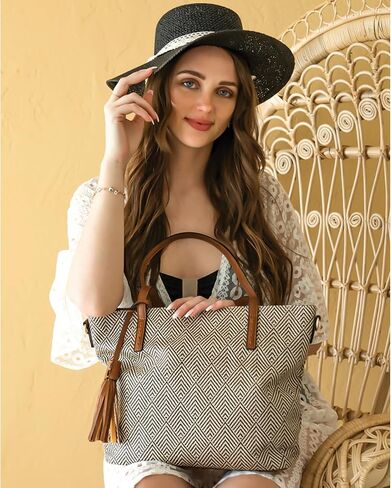 JEN & CO. August Woven Tote Bags for Women Purses and Handbags Ladies Travel Shoulder Work Bag with Vegan Leather Contrast in Kuwait