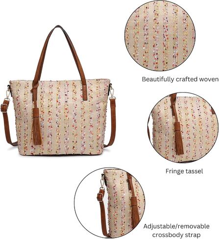 JEN & CO. August Woven Tote Bags for Women Purses and Handbags Ladies Travel Shoulder Work Bag with Vegan Leather Contrast in Kuwait
