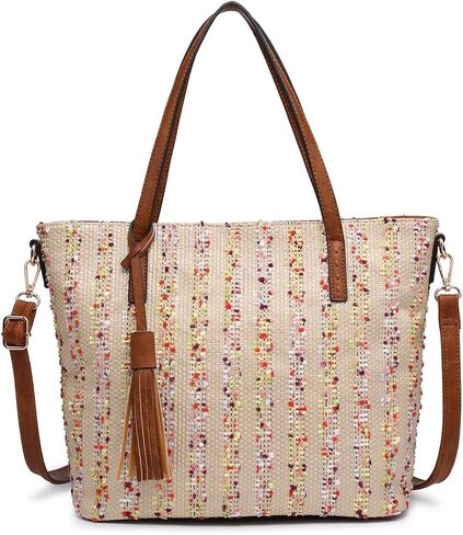JEN & CO. August Woven Tote Bags for Women Purses and Handbags Ladies Travel Shoulder Work Bag with Vegan Leather Contrast in Kuwait