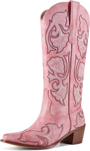 UJPFEO Cowboy Boots for Women Cowgirl Knee High Boots Chunky Block Heel Pointed Toe Pull On Embroidered Western Boots in Saudi Arabia