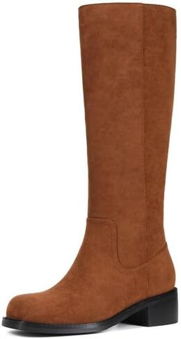 ZJA Knee High Boots Square Toe Boots Low Heel Flat Long Boots for Women Dress Chunky Comfortable Tall Boots in Saudi Arabia