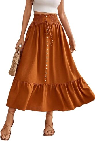 Beach Causal Women's Skirt Paperbag Waist Ruffle Hem Knot Front Button Front Skirt in Saudi Arabia