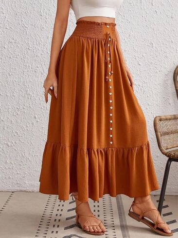 Beach Causal Women's Skirt Paperbag Waist Ruffle Hem Knot Front Button Front Skirt in Kuwait