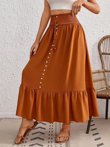 Beach Causal Women's Skirt Paperbag Waist Ruffle Hem Knot Front Button Front Skirt in Kuwait