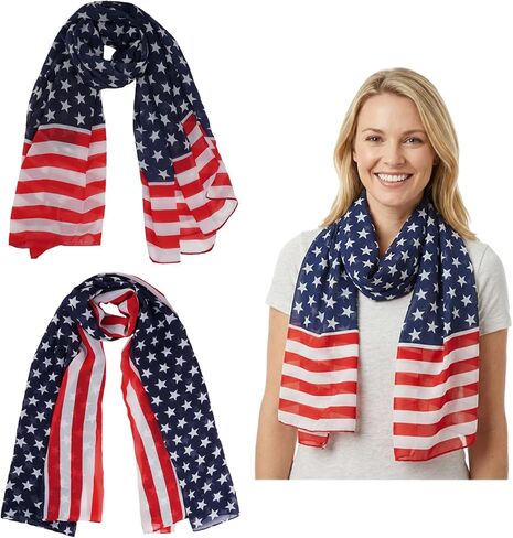 Sucrain 2PCS American Flag Scarf Patriotic Scarf 4th of July Red White and Blue Scarves Soft Sheer Chiffon Wrap for Independence Day in Saudi Arabia