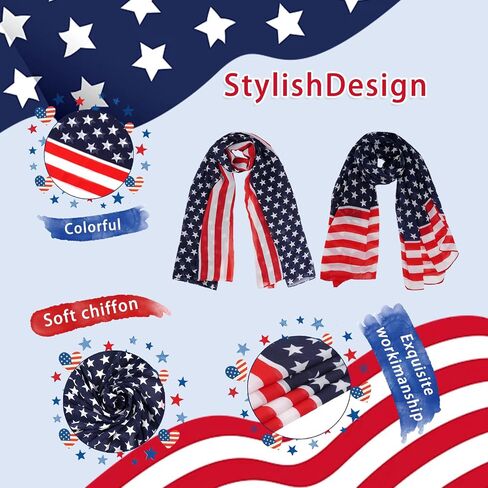 Sucrain 2PCS American Flag Scarf Patriotic Scarf 4th of July Red White and Blue Scarves Soft Sheer Chiffon Wrap for Independence Day in Saudi Arabia