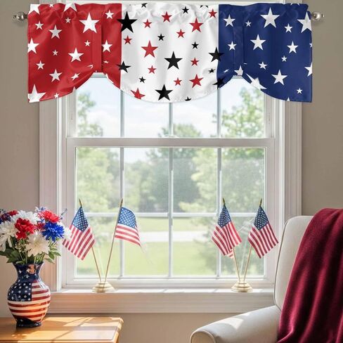 LooPoP 4th of July Tie Up Valance for Windows Patriotic Stars Red White and Blue Curtains Valances Window Treatments American Flag Stripes Balloon Curtains for Kitchen Living Room Bedroom 42x12 Inch in Kuwait