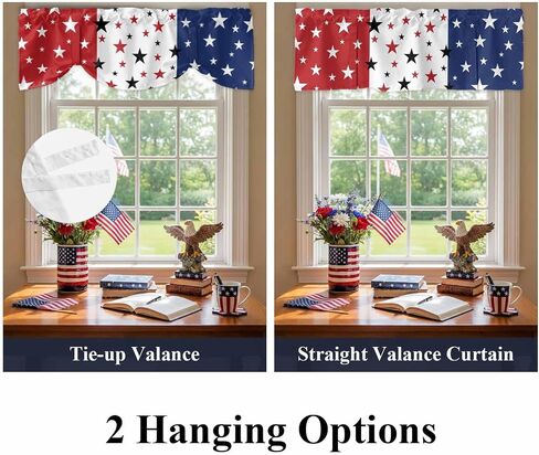 LooPoP 4th of July Tie Up Valance for Windows Patriotic Stars Red White and Blue Curtains Valances Window Treatments American Flag Stripes Balloon Curtains for Kitchen Living Room Bedroom 42x12 Inch in Kuwait