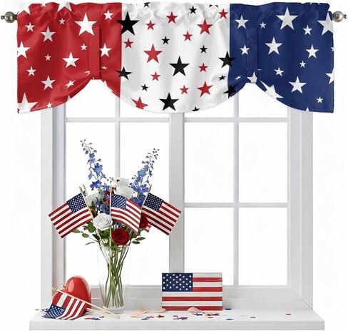 LooPoP 4th of July Tie Up Valance for Windows Patriotic Stars Red White and Blue Curtains Valances Window Treatments American Flag Stripes Balloon Curtains for Kitchen Living Room Bedroom 42x12 Inch in Kuwait