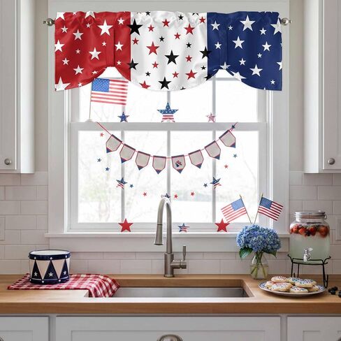 LooPoP 4th of July Tie Up Valance for Windows Patriotic Stars Red White and Blue Curtains Valances Window Treatments American Flag Stripes Balloon Curtains for Kitchen Living Room Bedroom 42x12 Inch in Kuwait