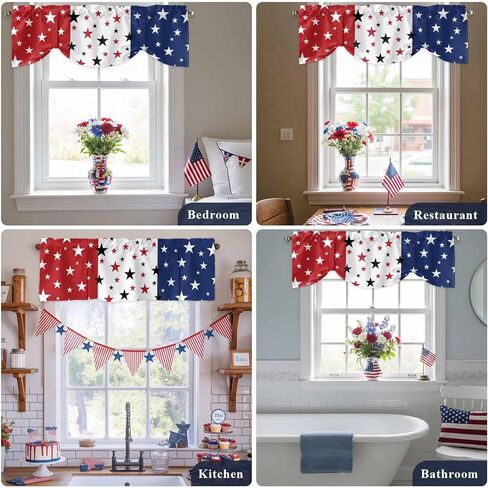 LooPoP 4th of July Tie Up Valance for Windows Patriotic Stars Red White and Blue Curtains Valances Window Treatments American Flag Stripes Balloon Curtains for Kitchen Living Room Bedroom 42x12 Inch in Kuwait