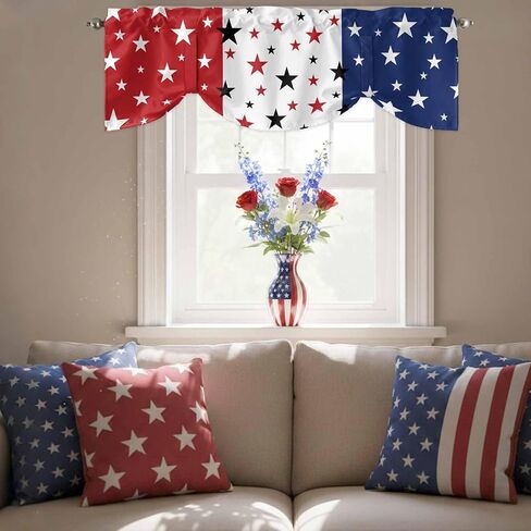 LooPoP 4th of July Tie Up Valance for Windows Patriotic Stars Red White and Blue Curtains Valances Window Treatments American Flag Stripes Balloon Curtains for Kitchen Living Room Bedroom 42x12 Inch in Kuwait