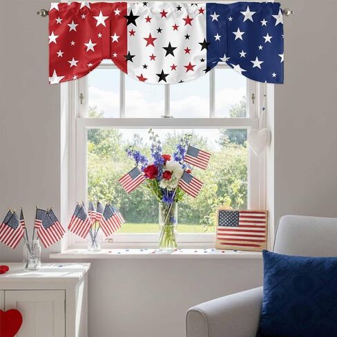 LooPoP 4th of July Tie Up Valance for Windows Patriotic Stars Red White and Blue Curtains Valances Window Treatments American Flag Stripes Balloon Curtains for Kitchen Living Room Bedroom 42x12 Inch in Kuwait