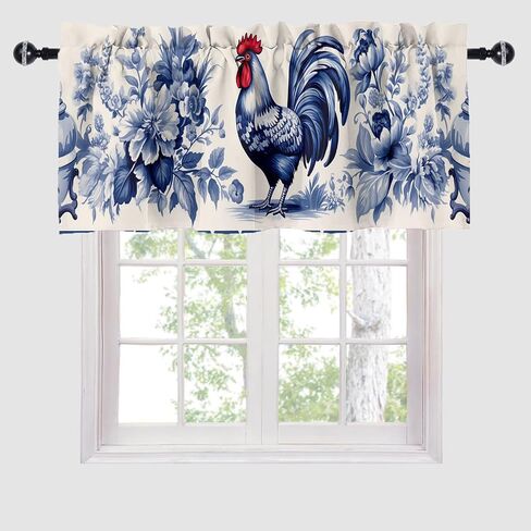 Rooster Curtain Valances Country Farm Farmhouse Blue Flowers Window Curtain Valances for Kitchen Bedroom Bathroom Living Room 54 X 18 Inch, 1 Panel in Saudi Arabia
