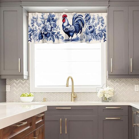 Rooster Curtain Valances Country Farm Farmhouse Blue Flowers Window Curtain Valances for Kitchen Bedroom Bathroom Living Room 54 X 18 Inch, 1 Panel in Saudi Arabia