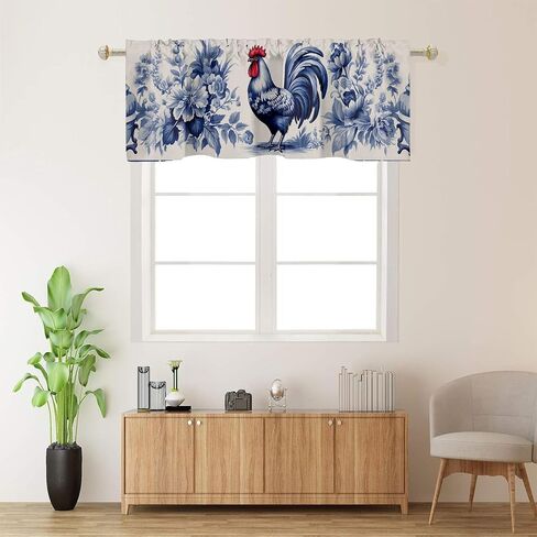 Rooster Curtain Valances Country Farm Farmhouse Blue Flowers Window Curtain Valances for Kitchen Bedroom Bathroom Living Room 54 X 18 Inch, 1 Panel in Saudi Arabia