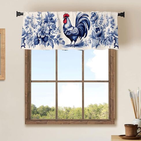 Rooster Curtain Valances Country Farm Farmhouse Blue Flowers Window Curtain Valances for Kitchen Bedroom Bathroom Living Room 54 X 18 Inch, 1 Panel in Saudi Arabia