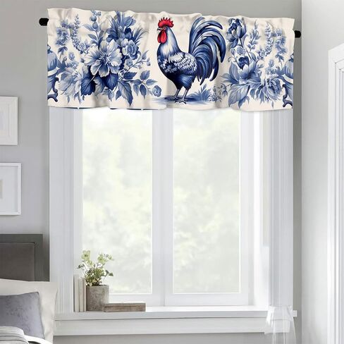 Rooster Curtain Valances Country Farm Farmhouse Blue Flowers Window Curtain Valances for Kitchen Bedroom Bathroom Living Room 54 X 18 Inch, 1 Panel in Saudi Arabia