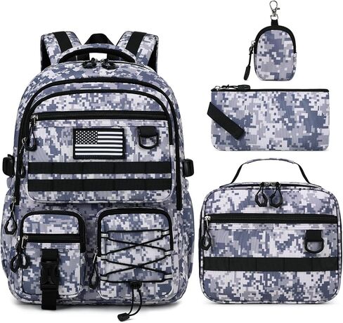 GeeWin Camo Backpack for Boys, 4PCS Boys Backpack with Lunch Box Set, 17 Inch Tactical Military Waterproof Boy Bookbag for Kids, Teens, Elementary Middle High College School Student (Grey Green) in Saudi Arabia