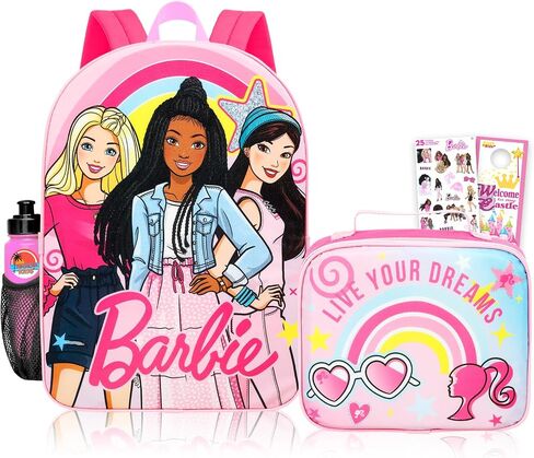 Barbie Backpack with Lunch Box Set - Bundle with 16" Backpack, Lunch Bag, Stickers, Water Bottle, More | Barbie School Bag Set for Girls, Kids in Kuwait